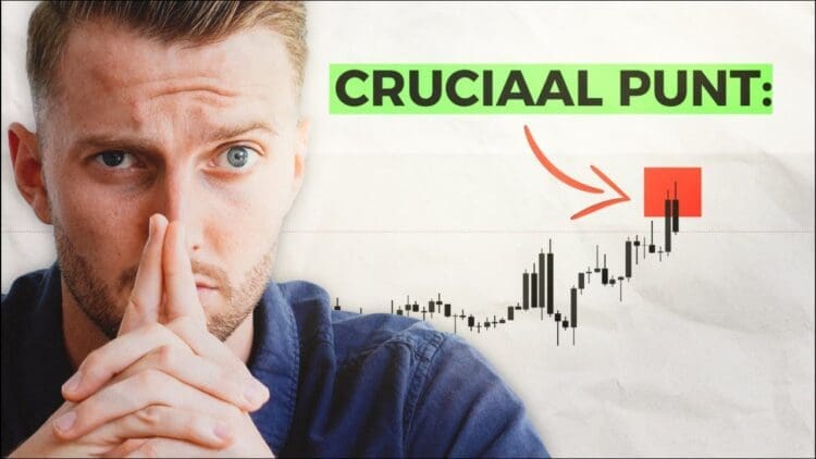 Thumbnail van een crypto-video waarin een man met serieuze blik te zien is naast een candlestick-grafiek van Bitcoin die een mogelijk keerpunt bereikt, met een rode markering rond de top en een pijl die wijst naar een cruciaal prijspunt.