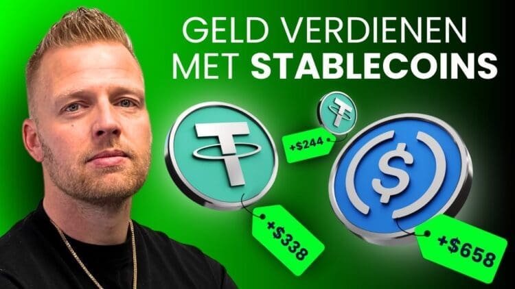 Thumbnail van een DoopieCash-video met de tekst “Geld verdienen met stablecoins”, een portret van de host en afbeeldingen van de stablecoins USDT en USDC met groene prijstags die winsten aangeven zoals +$338 en +$658, tegen een groene achtergrond.