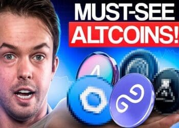 Crypto Michaël houdt een futuristische weergave van vijf altcoins vast onder de tekst 'Must-See Altcoins!', met prominent weergegeven cryptosymbolen en een grafieklijn op de achtergrond die de marktbeweging suggereert.
