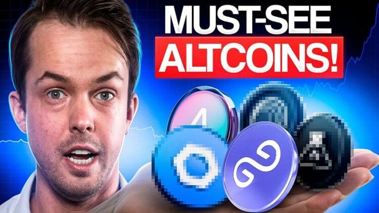 Crypto Michaël houdt een futuristische weergave van vijf altcoins vast onder de tekst 'Must-See Altcoins!', met prominent weergegeven cryptosymbolen en een grafieklijn op de achtergrond die de marktbeweging suggereert.