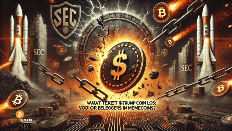 Digitale munt met het label $TRUMP breekt los uit symbolische SEC-kettingen, met een gebarsten SEC-embleem op de achtergrond. Omringd door memecoin-symbolen, digitale vonken en een futuristische zwart-oranje sfeer vol spanning tussen regelgeving en cryptomarkt.