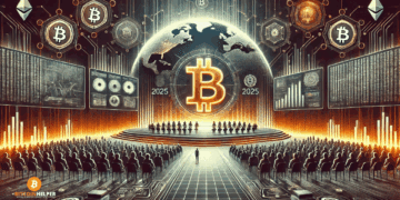 Grote conferentiehal met gloeiend Bitcoin-symbool centraal op een futuristisch podium. Digitale banners, datapanels en silhouetten van deelnemers vullen de scène. De stijl is strak, oranje-zwart, en straalt wereldwijde crypto-impact uit.