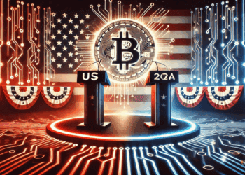 Visueel geladen verkiezingspodium met rode en blauwe verlichting, waarbij een centraal Bitcoin-icoon de opkomst van crypto in de Amerikaanse politiek symboliseert. De stijl is serieus, technisch en strategisch.