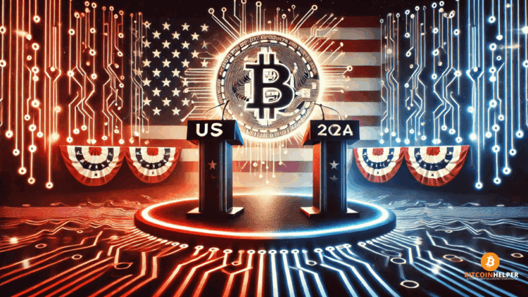 Visueel geladen verkiezingspodium met rode en blauwe verlichting, waarbij een centraal Bitcoin-icoon de opkomst van crypto in de Amerikaanse politiek symboliseert. De stijl is serieus, technisch en strategisch.