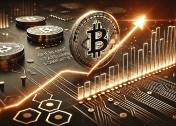 Digitale grafiek toont een stijgende oranje Bitcoin-trendlijn die zich visueel losmaakt van een dalende obligatielijn. De achtergrond bestaat uit circuitlijnen en hexagontexturen in zwart, grijs en zilver.