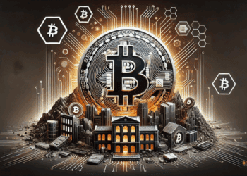 Futuristische visual waarin Bitcoin centraal staat als verdediging tegen fiscale druk. De omgeving toont digitale verstoring van oude systemen, met een strak, technisch en professioneel ontwerp.