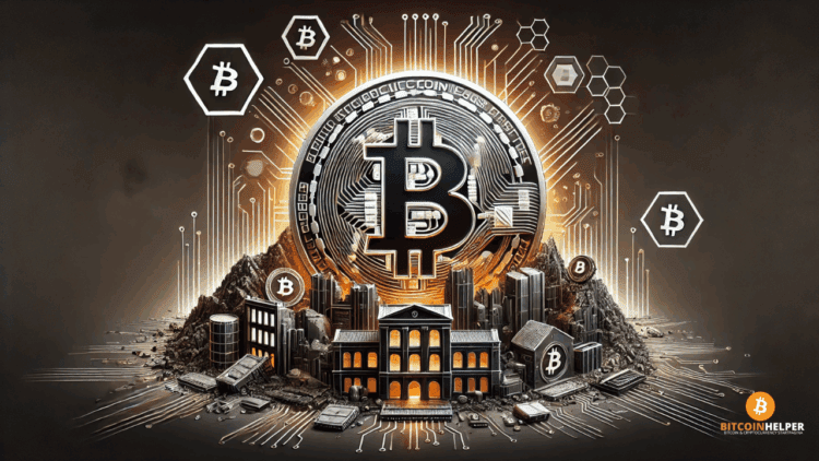 Futuristische visual waarin Bitcoin centraal staat als verdediging tegen fiscale druk. De omgeving toont digitale verstoring van oude systemen, met een strak, technisch en professioneel ontwerp.