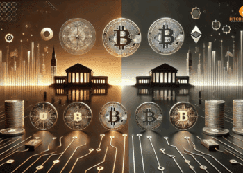 Strak gesplitst beeld waarin traditionele financiële symboliek tegenover een helder oplichtende Bitcoin en stablecoin staan. De stijl is evenwichtig, sober en high-tech, met zachte circuitlijnen en zwarte, oranje en zilveren tinten.