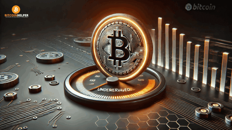Futuristische waarderingsgrafiek toont Bitcoin naast een digitale meter met de aanduiding “undervalued” in oranje. De visual straalt inzicht en onderwaardering uit in een strak, technisch zwart-oranje ontwerp.