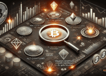 Futuristisch dashboard met altcoin-symbolen, datagrafieken en een gloeiende zoekicoon die opkomende cryptomunten aanduidt. Strakke zwart-oranje stijl met een analytische uitstraling.