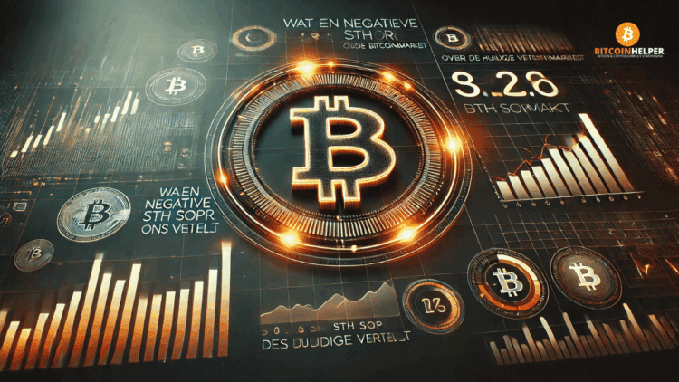 Analysegericht beeld met een oranje grafiek die een neerwaartse trend in de STH SOPR aangeeft, omlijst door een minimalistische high-tech interface in zwart en grijs.