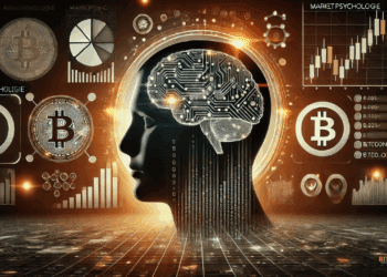 Gestileerd silhouet van een menselijk hoofd gevuld met digitale Bitcoin-symbolen en grafieken op een donkere achtergrond met oranje accenten, symboliseert marktsentiment en strategie.
