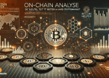 Strakke crypto-dashboardstijl met witte datalijnen, oranje accenten en een abstracte blockchainstructuur tegen een donkere high-tech achtergrond.
