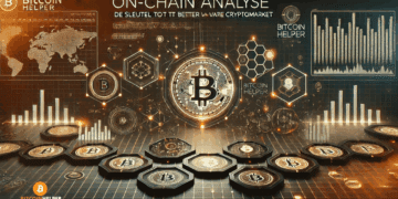 Strakke crypto-dashboardstijl met witte datalijnen, oranje accenten en een abstracte blockchainstructuur tegen een donkere high-tech achtergrond.