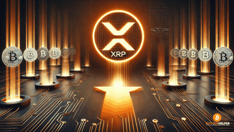 Futuristische digitale illustratie van een dalende XRP-munt, omringd door vervagende altcoin-symbolen tegen een zwarte achtergrond met oranje accenten.
