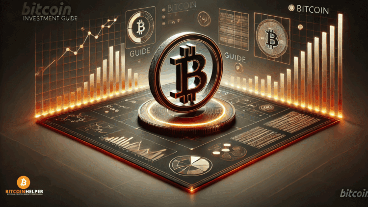 Digitale illustratie in landscape-formaat met zwart-oranje kleuren, een gestileerd Bitcoin-symbool en moderne grafiek-elementen, passend bij een professionele blogpost over Bitcoin-investeringen.