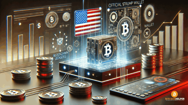 Futuristische digitale illustratie met een strak ontworpen crypto-wallet, subtiel voorzien van Amerikaanse en blockchain-elementen, symbool voor de lancering van de Official $TRUMP Wallet door de Trump-familie in juni 2025.