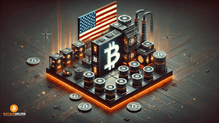 Futuristisch digitaal landschap met een Amerikaanse Bitcoin-miningfaciliteit, gekenmerkt door moderne architectuur, subtiele Amerikaanse vlagkleuren en een krachtige, professionele uitstraling.