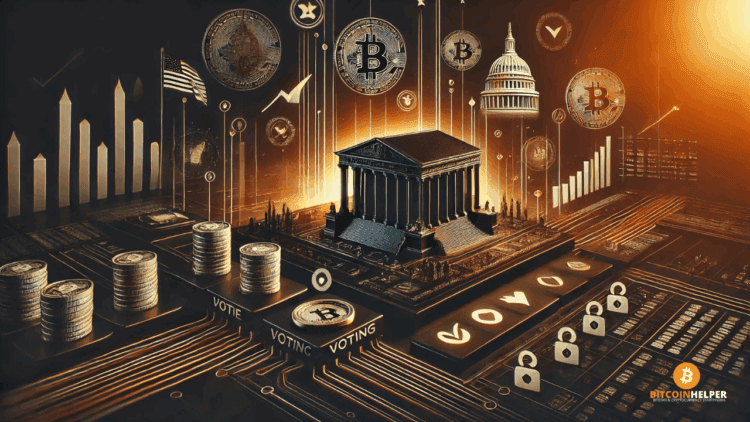 Futuristische digitale illustratie waarin elementen van democratie en cryptocurrency samenkomen, met moderne architectuur, blockchain-symboliek en een krachtige zwart-oranje stijl die past bij een politieke fintech-context.