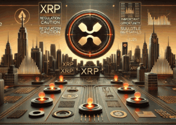 Futuristische digitale illustratie met zwarte en oranje tinten, toont XRP-symbolen in een moderne financiële stad met Amerikaanse invloeden, benadrukt regulering en kansen voor investeerders in 2025.