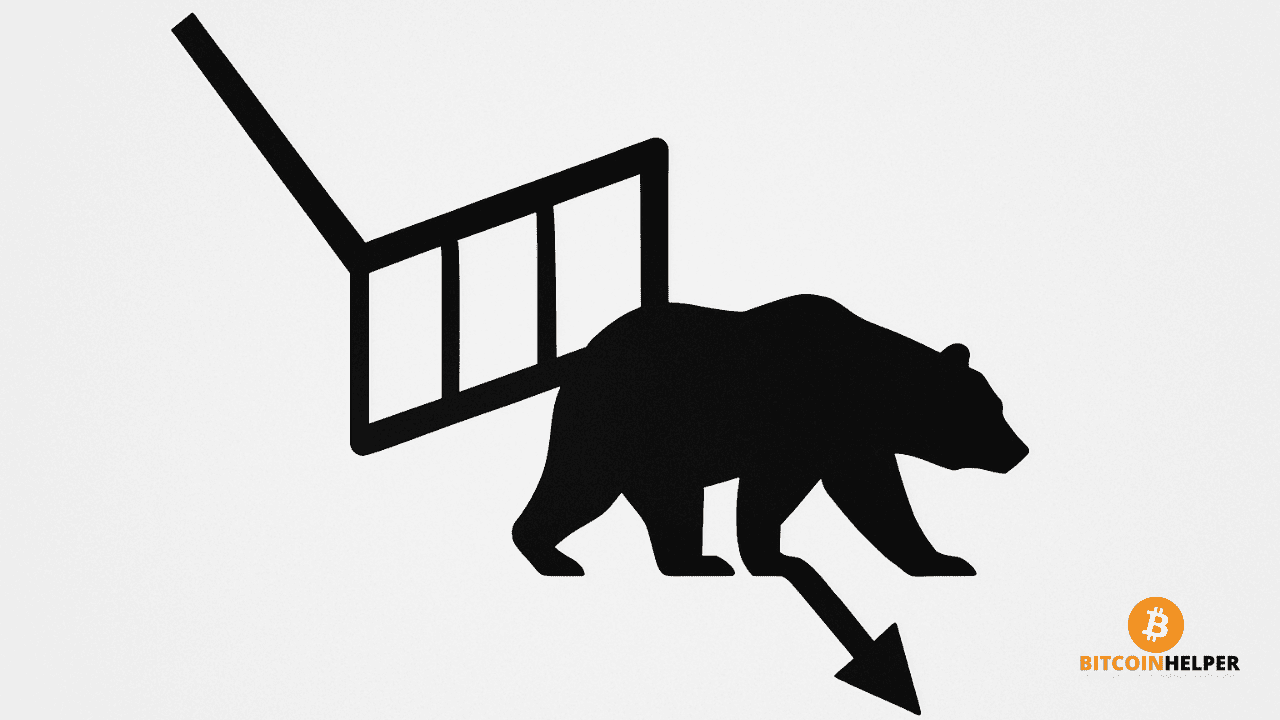 Minimalistische illustratie van een Bear Flag patroon met een zwarte neerwaartse lijn, een schuine vlagstructuur en een lopende beer, op een zacht grijs-witte achtergrond.