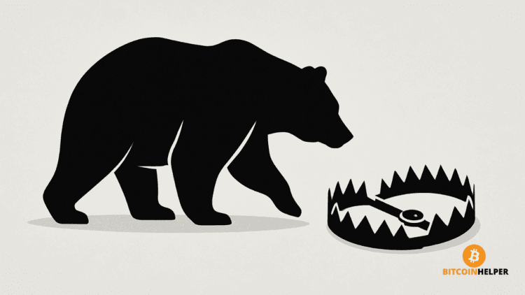 Een minimalistische digitale illustratie van een zwarte beer die op het punt staat in een val te stappen, met een grijs-witte gradient als achtergrond. De compositie toont alleen de beer en de val als krachtige zwarte silhouetten tegen een zachte achtergrond.