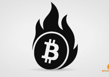 Minimalistische zwarte illustratie van een brandende Bitcoin-munt, met gestileerde vlammen tegen een lichtgrijze achtergrond. De afbeelding symboliseert het proces van het permanent uit circulatie halen van cryptotokens.