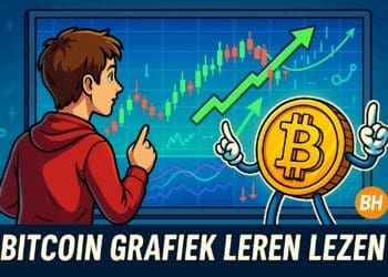 Cartoonachtige illustratie van een jonge analist die voor een groot scherm staat met een kleurrijke Bitcoin-grafiek. De grafiek toont kaarsformaties, pijlen en technische indicatoren. Op de voorgrond wijst een menselijke Bitcoin-coin enthousiast naar een opwaartse trend, terwijl lijnen en symbolen inzicht geven in de marktbeweging. De achtergrond heeft een helderblauw tech-thema met lichtaccenten die leerzaamheid en energie uitstralen.