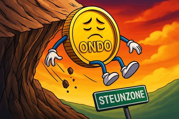 Cartoon van een verdrietige ONDO-munt die van een klif valt richting een bord met "steunzone", als metafoor voor koersdaling.