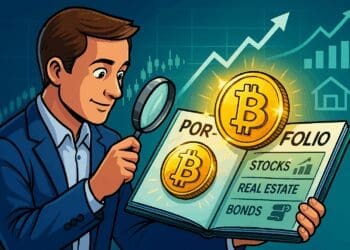 Cartoonachtige illustratie van een investeerder die met een vergrootglas naar een open beleggingsmap kijkt. In de map bevinden zich klassieke activa zoals aandelen, vastgoed en obligaties, maar ook een goudkleurige Bitcoin-munt die straalt op het voorblad. Op de achtergrond toont een grafiek een stijgende trendlijn, met pictogrammen die diversificatie aanduiden. De illustratie benadrukt de integratie van crypto in hedendaagse investeringsstrategieën.