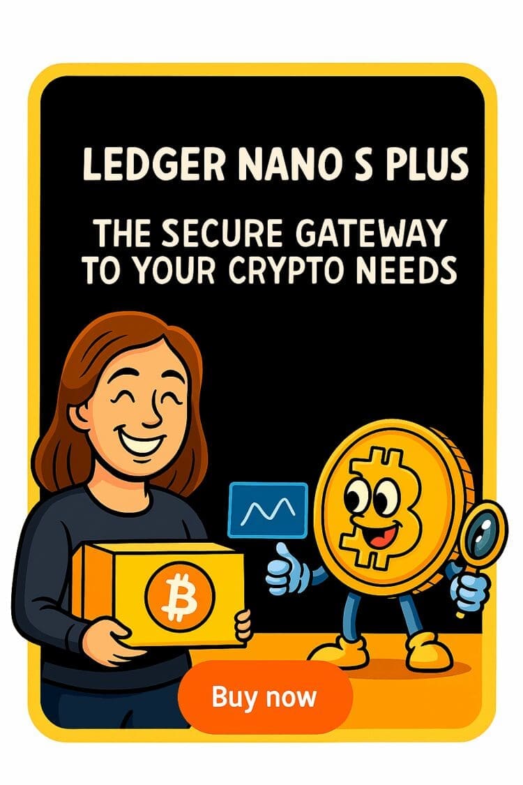 Cartoonstijl advertentie met een vrouw die een doos met het Bitcoin-logo vasthoudt, naast een lachend Bitcoin-personage met een vergrootglas. Bovenaan staat de tekst “Ledger Nano S Plus – The secure gateway to your crypto needs” op een zwarte achtergrond met gele rand. Onderaan bevindt zich een oranje knop met de tekst “Buy now”.