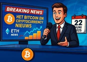 Cartoonachtige illustratie van een energieke nieuwslezer achter een desk met een Bitcoin-logo, terwijl op een groot scherm breaking news over Bitcoin, Ethereum en andere crypto’s wordt weergegeven. Op de achtergrond zie je een kalender met de datum “22 juni 2025” en flitsende headlines. De stijl is dynamisch en professioneel, passend bij een dagelijkse crypto-update.