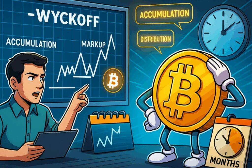 Cartoonachtige illustratie van een analist die wijst naar een klassiek Wyckoff-schema op een groot digitaal bord, met Bitcoin-symbool erin verwerkt. Op de achtergrond zie je oplichtende tekstballonnen als “accumulatie”, “distributie” en “markup”. De Bitcoin-munt kijkt gespannen toe terwijl een klok aftelt richting de komende maanden. De sfeer is technisch, urgent en gefocust op marktpsychologie.