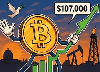 Cartoon van een lachende Bitcoin-munt die een stijgende grafiek vasthoudt, met op de achtergrond een vredesduif en olie-installaties bij zonsondergang, verwijzend naar geopolitieke invloeden op de koersstijging