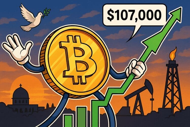 Cartoon van een lachende Bitcoin-munt die een stijgende grafiek vasthoudt, met op de achtergrond een vredesduif en olie-installaties bij zonsondergang, verwijzend naar geopolitieke invloeden op de koersstijging