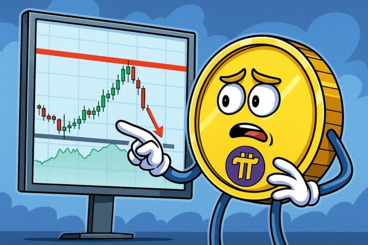 Cartoon van een bezorgde Pi Network-munt die een dalende koersgrafiek aanwijst met rode weerstandslijn en neerwaartse pijl, in Cointelegraph-stijl