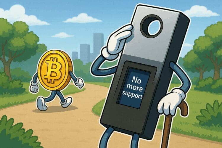 Cartoon van een verouderde Ledger Nano S met wandelstok en schermtekst "No more support", terwijl een wandelende Bitcoin-munt het pad afloopt richting een stad op de achtergrond.
