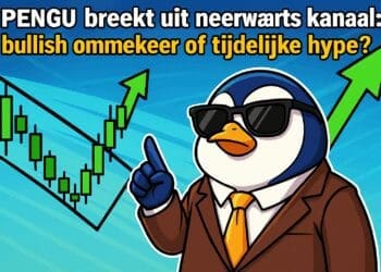 Cartoon van een zakelijk geklede pinguïn met zonnebril die naar een stijgende candlestick-grafiek wijst die uitbreekt uit een dalend kanaal, met de tekst “PENGU breekt uit neerwaarts kanaal: bullish ommekeer of tijdelijke hype?” op een blauwe achtergrond.
