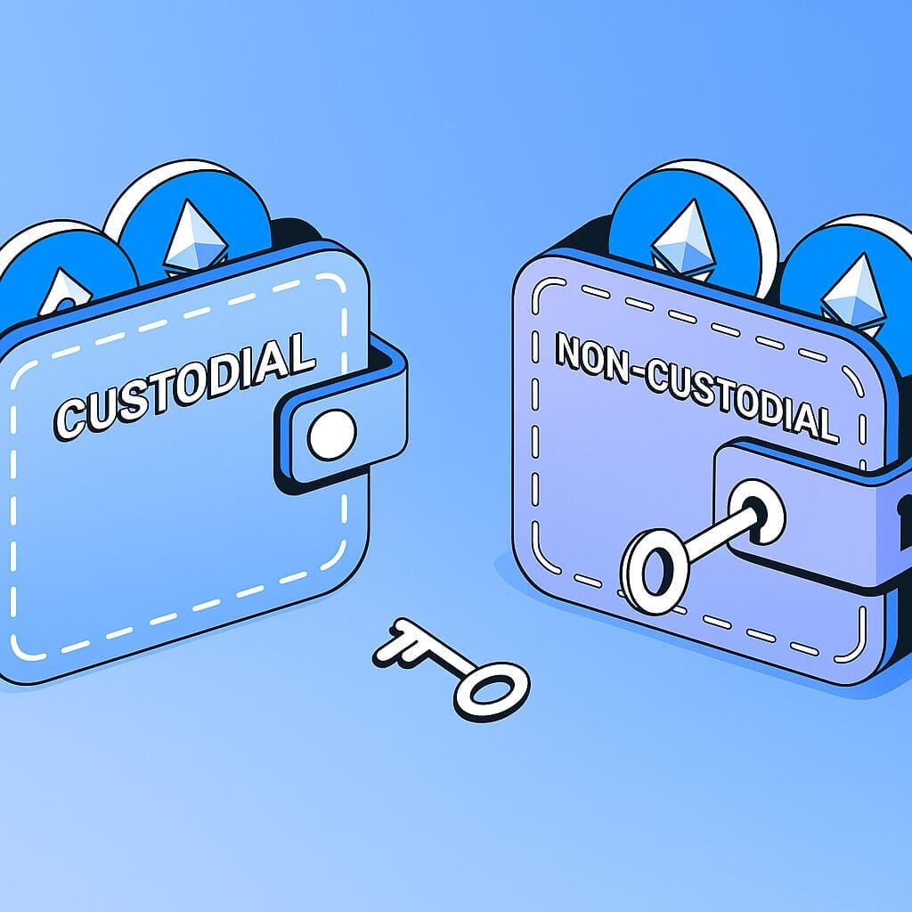 Illustratie van twee crypto wallets op een blauwe achtergrond: links een "Custodial"-wallet zonder sleutel, rechts een "Non-Custodial"-wallet met een sleutel in het slot en Ethereum-munten die uit beide wallets steken.