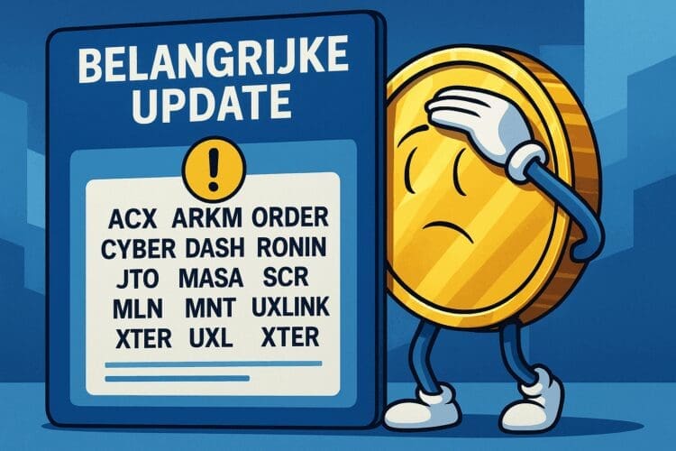 Cartoon van een verdrietige gouden munt die achter een blauw bord met de tekst "Belangrijke update" kijkt, waarop een lijst van verwijderde cryptocurrencies bij BLOX per 15 juli 2025 staat.