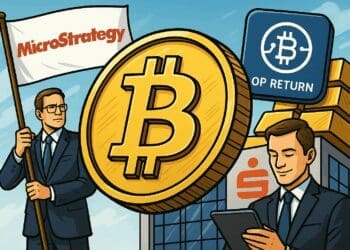 Karikatuur van Bitcoin met MicroStrategy vlag, OP_RETURN update en Duitse bank die BTC integreert