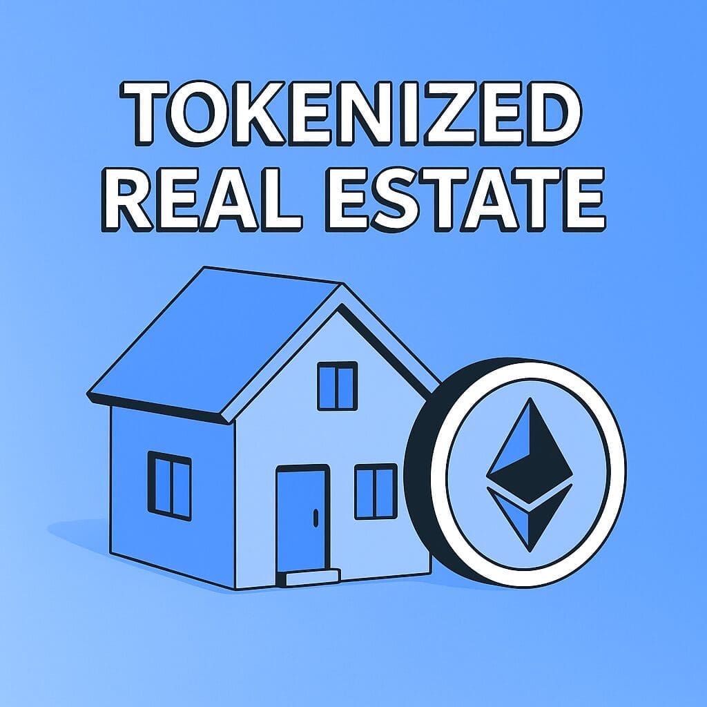 Illustratie van een blauw huis naast een Ethereum-munt tegen een blauwe achtergrond, met erboven de tekst "Tokenized Real Estate", die het concept van vastgoedtokenisatie via blockchaintechnologie uitbeeldt.