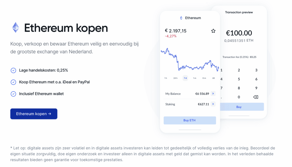 Visuele weergave van de Ethereum koopinterface op Bitvavo met actuele koersgrafiek, transactievoorbeeld van €100 en voordelen zoals lage handelskosten, iDeal en PayPal ondersteuning, en een inbegrepen wallet.