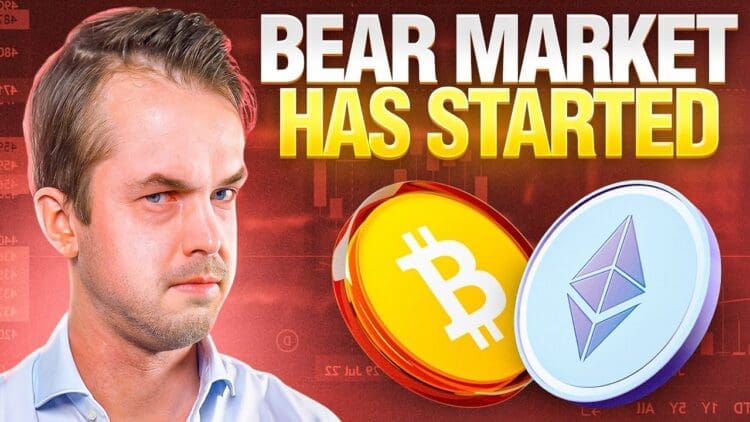 Close-up van Crypto Michaël met serieuze blik, met naast hem grote Bitcoin- en Ethereum-iconen en de tekst ‘Bear Market Has Started’ op een rode achtergrond vol koersgrafieken.