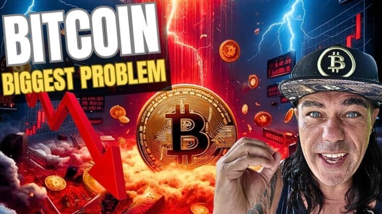 Didi Taihuttu waarschuwt voor het grootste probleem van Bitcoin — een dalende koersgrafiek en centrale macht, met Bitcoin-symboliek op de achtergrond.