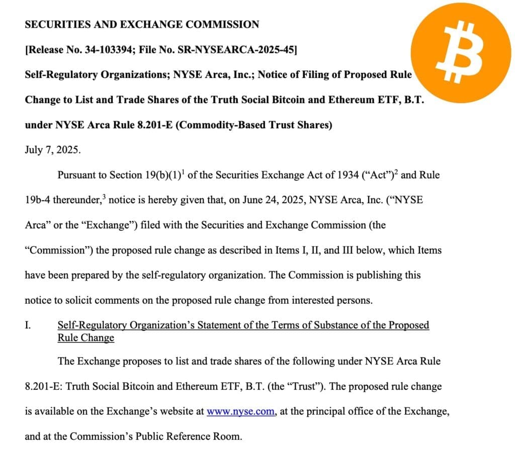 Screenshot van officieel SEC-document over de aanvraag van een Truth Social Bitcoin en Ethereum ETF, gedeeld via een tweet van Bitcoin Magazine