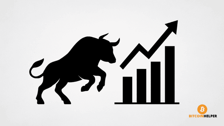 Digitale illustratie in zwart-wit van een krachtige stier naast een stijgende grafiek met pijl, op een lichtgrijze achtergrond. De afbeelding symboliseert een bull run in de cryptomarkt.