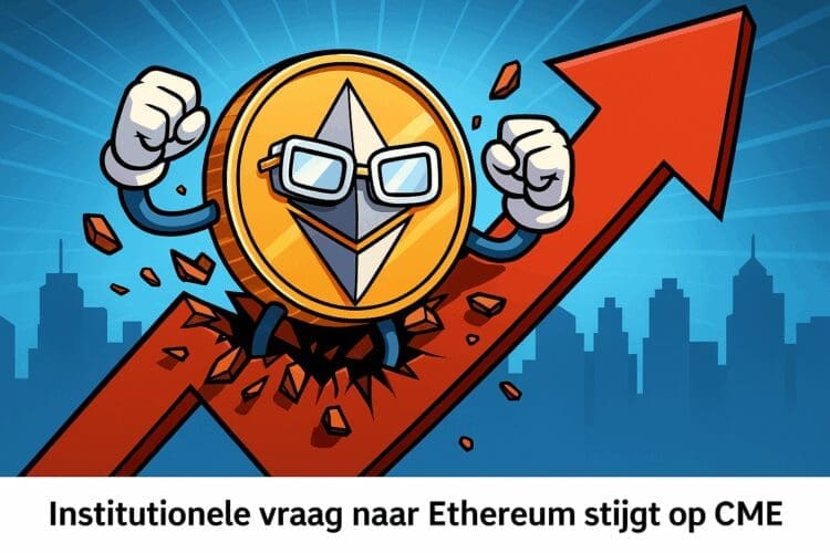 Cartoonachtige Ethereum-munt met brillen die door een rode stijgende pijl breekt tegen een stedelijke skyline, symbool voor stijgende institutionele interesse op de futuresmarkt.