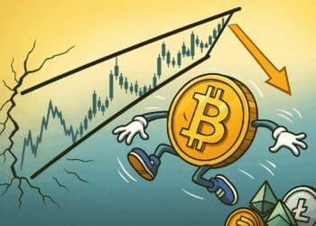 Karikatuur van een vallende Bitcoin-munt die uit een stijgend wigpatroon glijdt, met altcoins die toekijken en een gebarsten grafieklijn op de achtergrond.