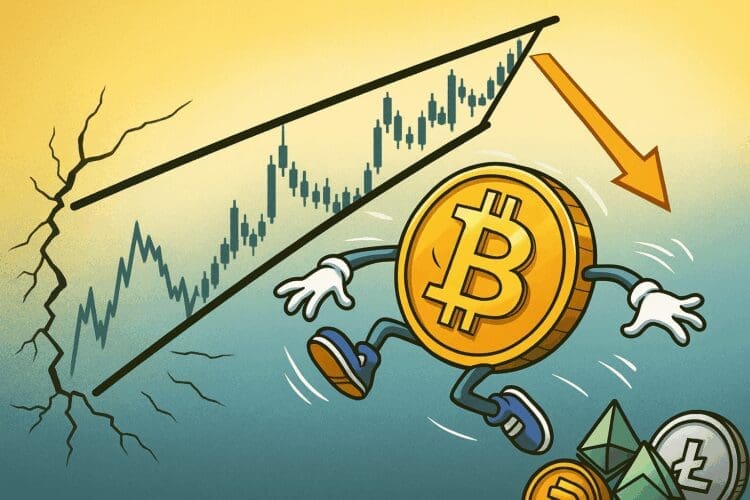 Karikatuur van een vallende Bitcoin-munt die uit een stijgend wigpatroon glijdt, met altcoins die toekijken en een gebarsten grafieklijn op de achtergrond.